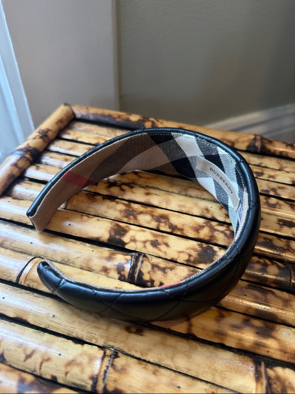 Burberry Black Quilted Leather Headband with Iconic Check Interior